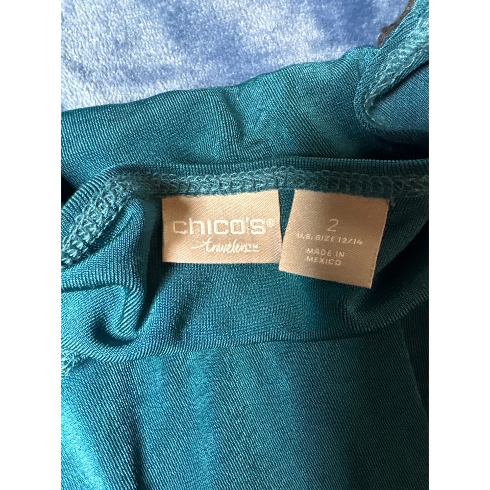 Chicos Travelers Teal Blue Slinky Knit V-Neck Tunic Top Long Sleeve Size 2 Large - Picture 4 of 5